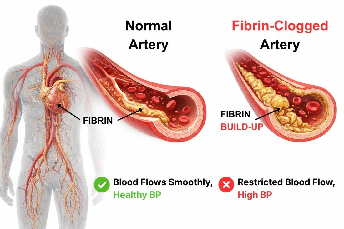 Normal artery vs fibrin clogged artery diagram