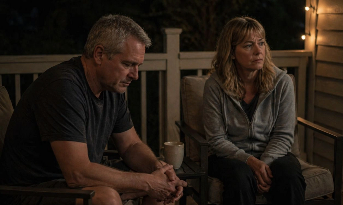Man and wife on porch at night