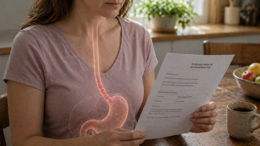 Woman holding diagnosis paper with esophagus overlay