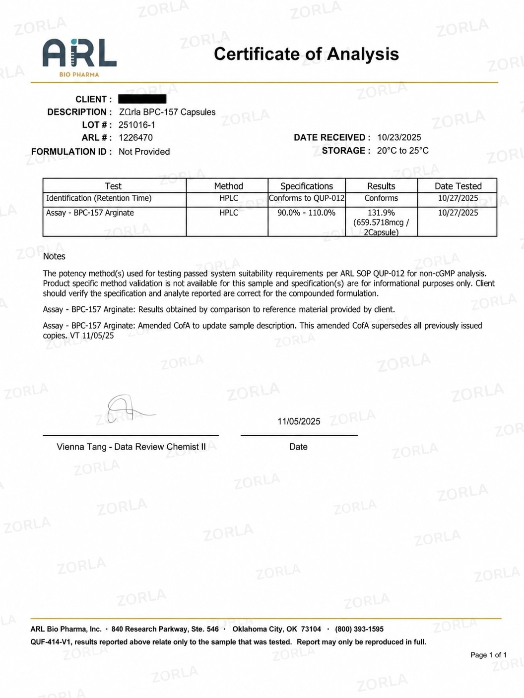 Certificate of Analysis